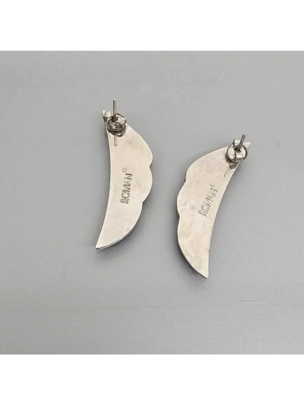 Vintage Roman Silver Tone Modernist Crescent Wing Stud Post Earrings Retro...